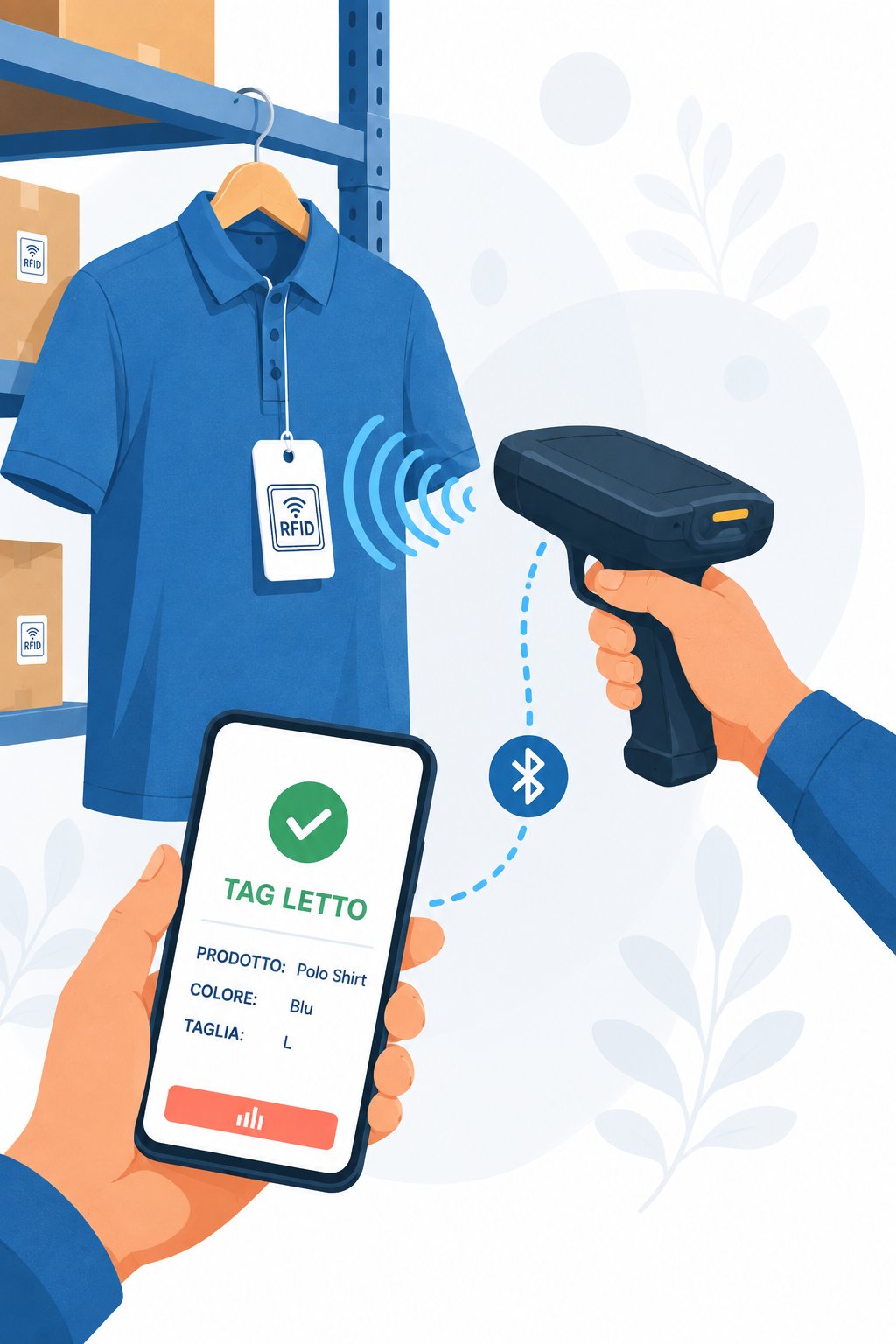 Lettore RFID palmare abbinato via Bluetooth allo smartphone con l'app 01tag